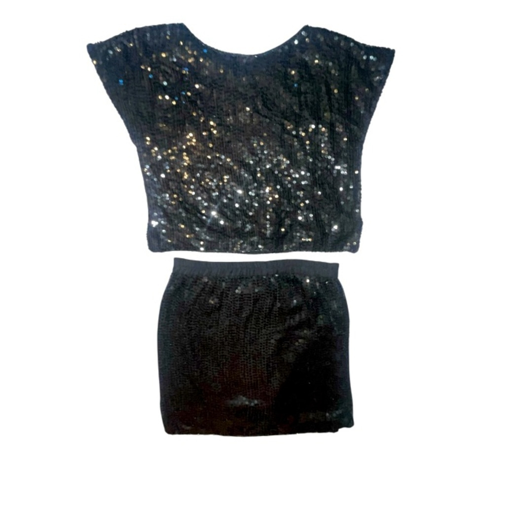 Vintage Shimmer New York Blk Sequins Shirt Skirt Set Shirt Size Small Skirt Med